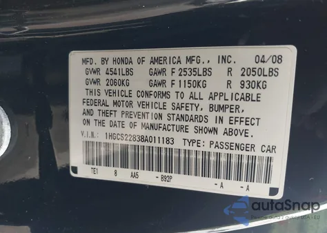 2008 Honda Accord Exl from USA, damaged, VIN 1HGCS22838A011183